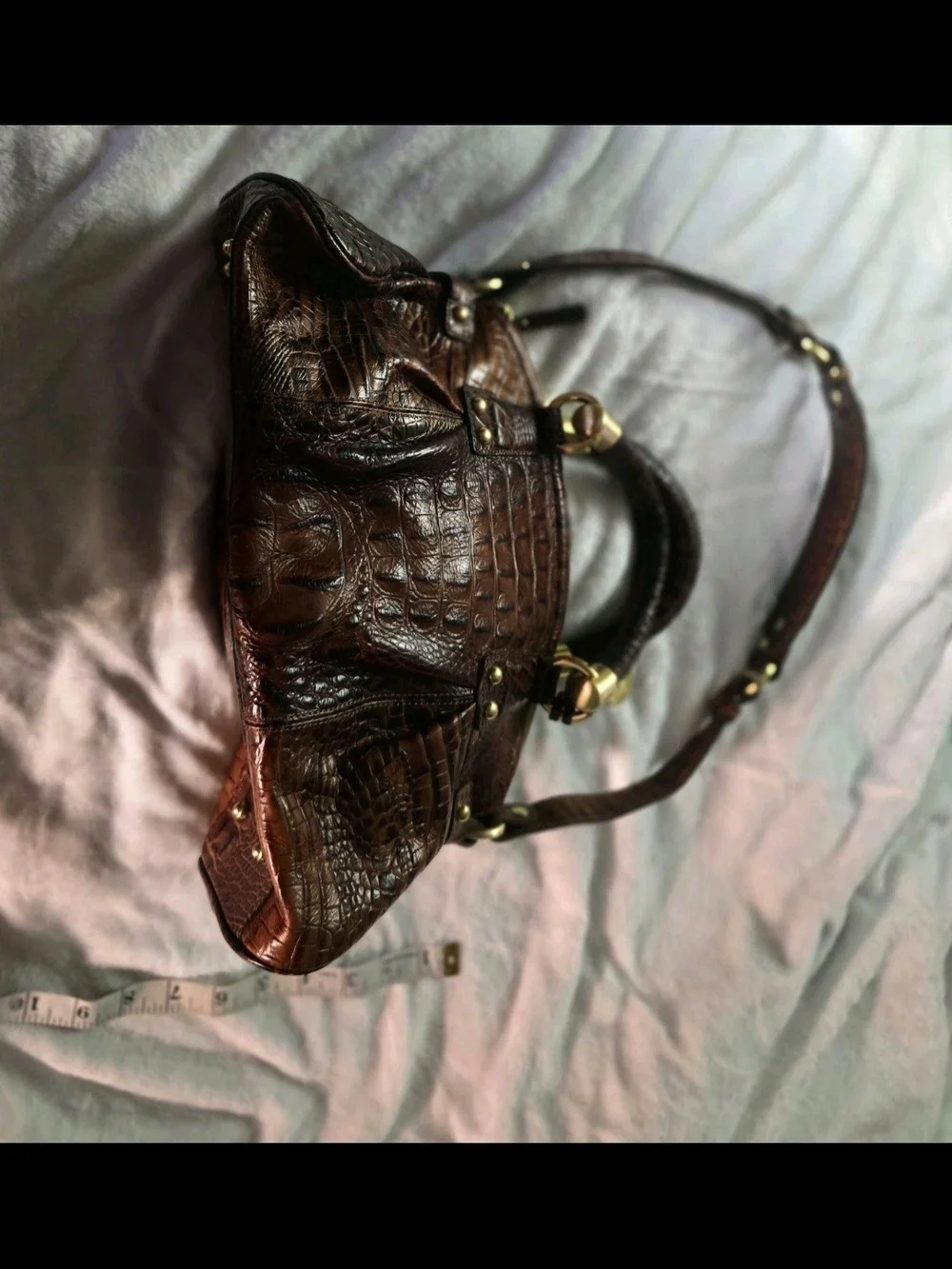 Brahmin Women's Brown Embossed Croc-Style Satchel Top Handle Bag Gold Hardware